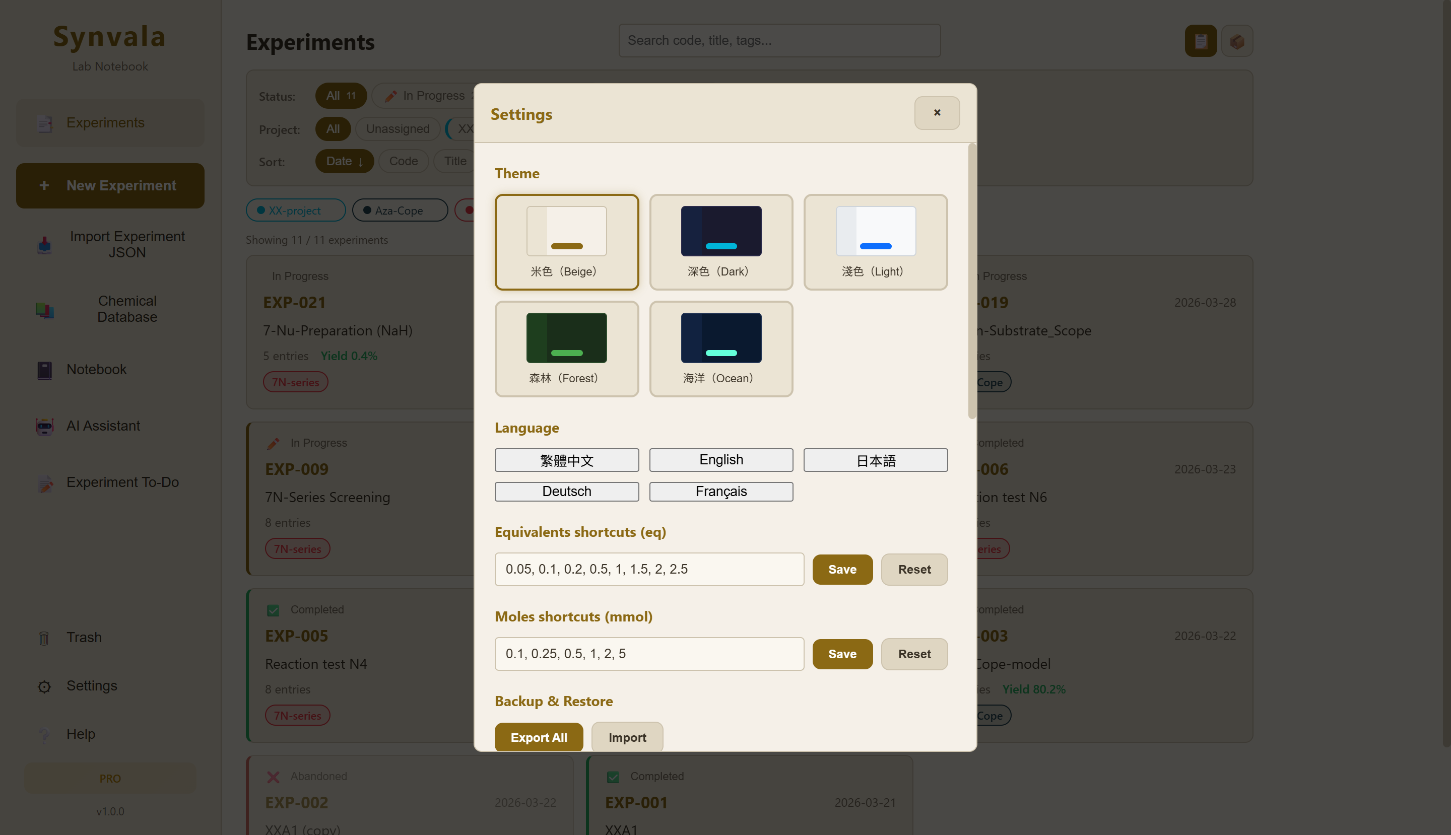 5 color themes and 5 languages, plus configurable equivalents shortcuts and one-click backup